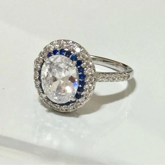 925 Sterling Silver Oval cut white Blue Cubic Zirconia Infinity Band Ring Sz 9 - Picture 5 of 6